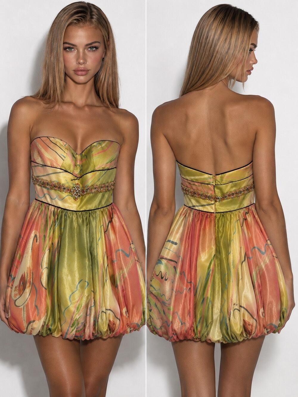 Vintage Alyce Designs Y2K Silk Watercolor Bubble Hem Dress Sz 6 MSRP $350 RARE